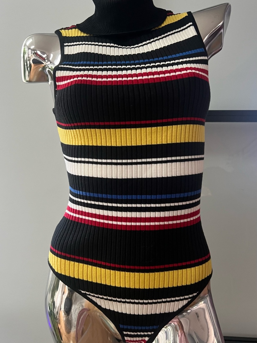 Sleeveless Ribbed Bodysuit with Multicolor Stripes - Black